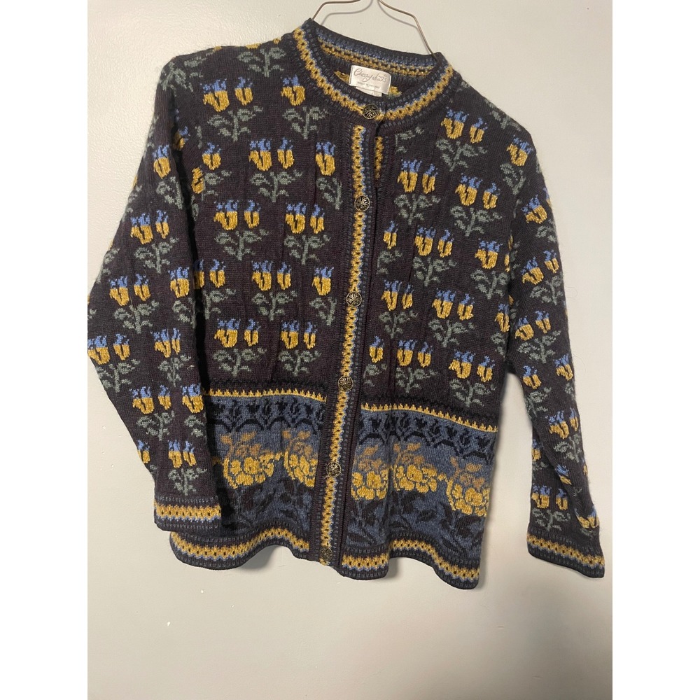Cherry Lewis Vintage Wool Blend Floral Tulip Cardigan Sweater Made in England M